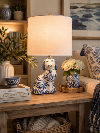 New Blue & White Ceramic Dog Chinoiseriw Coastal Home Office Room Decor Lamp