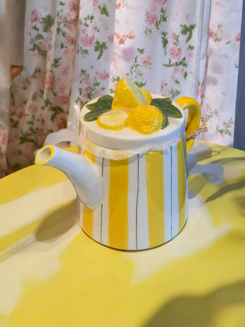 New White / Yellow Stripped Farmhouse Cottage Lemon Ceramic Lemonade Pitcher