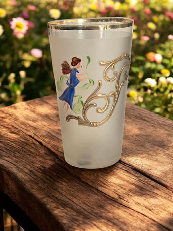 Vintage Antique Victorian Tall Frosted Glass Tumbler W/ Angel & Gold Accents