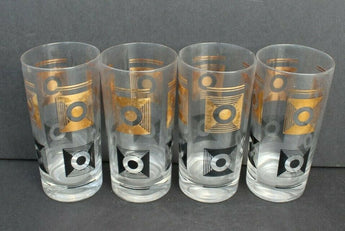 Vintage 4 MCM Retro Glass Art Deco Gold / Black Drinking Glasses Tumbler