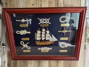 Vtg Sail Boat Ship Framed Wall Hanging Types Of Rope Knots Shadow Box Frame