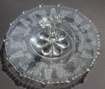 Vintage Victorian Floral Glass Etched Dessert Serving Plate W/ Handle 11.5"