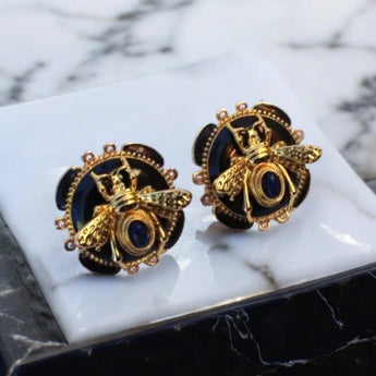 New Hollywood Regency Black & Gold Tone Bumble Bee Pierced Rhinestone Earrings