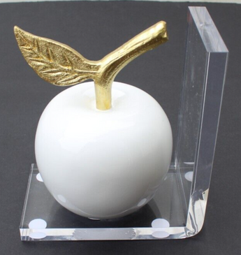New MCM Retro White / Gold Acrylic Large Apple (Teacher) Food Bookend
