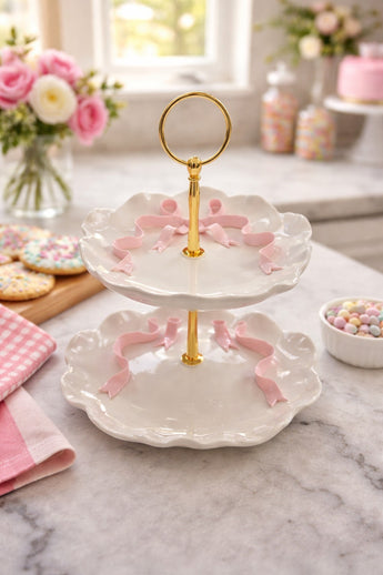 New 2 Tier Ceramic Tray Pink Bow Jewelry Accessories Stand Holder Gold Organizer
