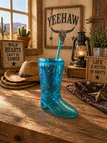 New Blue Cowboy Boot Tumbler Cup w/ Straw Western Water Bottle Drink Cup