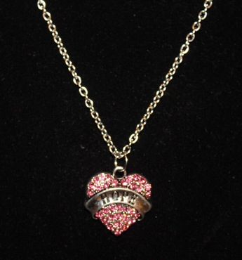 Vintage NOS Silver Pink Rhinestone Heart Breast Cancer Hope Necklace Jewelry