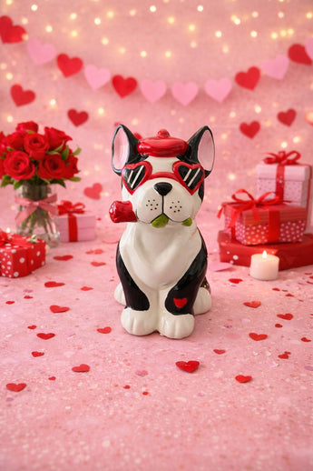 New Valentines Day Ceramic French Bull Dog W/ Rose In Mouth Figure Statue Decor