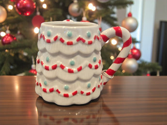 New Red & White Candy Cane Handle Decorated Christmas Tree Coffee Tea Mug Gift