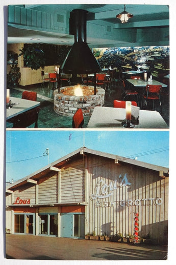 Vintage 1950's LOU'S FISH GROTTO Hotel Lounge Lobby Postcard