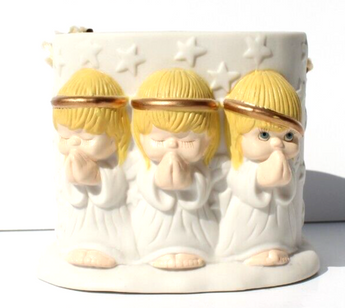 Vtg Hallmark Ceramic Vase Dish Displays 3 Angels Praying~White w/ Stars Heaven