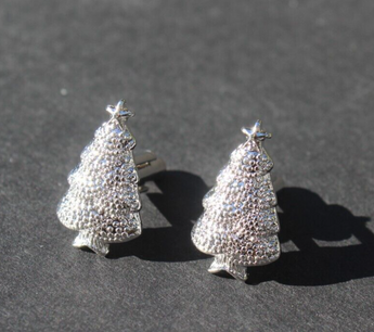 VINTAGE Silver Christmas Tree Santa Claus HOLIDAY Winter Men's Cufflinks NOS