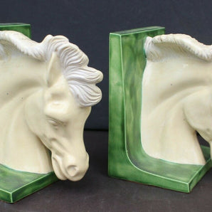Vintage Pair White / Green Pottery Horse Head Sculpture Equestrian Bookends