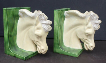 Vintage Pair White / Green Pottery Horse Head Sculpture Equestrian Bookends