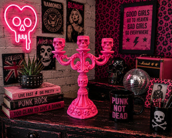 New Large Pink Halloween Skull Candelabra Candle Stick Holder Holiday Room Decor