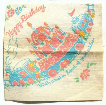 Vintage 1930s Happy Birthday Kids Party Napkin (Trains & Cake)