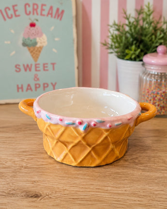 New Pink Ice Cream Cone Bowl Ceramic Dessert Dish Sprinkle Sundae Waffle Bowl