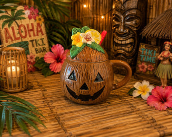New Coconut Jack O Lantern Tiki Tropical Flowers Pumpkin Halloween Coffee Mug