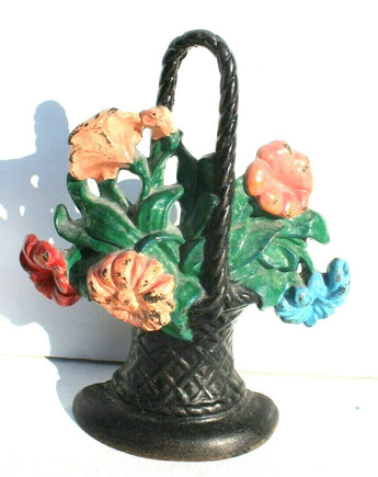 Vtg 1900's Antique Cast Iron Door Stopper Flower Floral Bouquet Basket 10" Tall