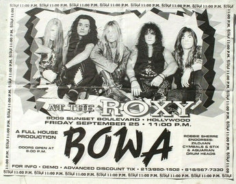 Vtg 1980s 1990s Punk Rock Hair Band Concert Flyer - Bowa (The Roxy) Sept 25th