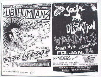 Vtg Jan 8, 1983 Social Distortion / Aug 27th Wasted Youth Rock Concert Flyer