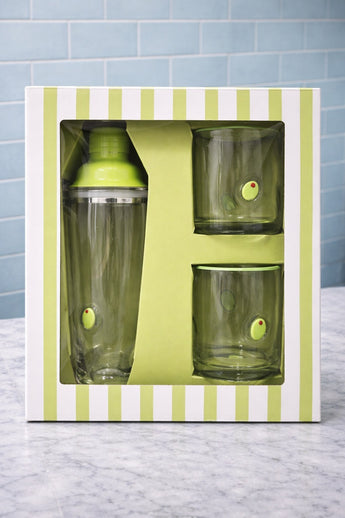 New Glass Blown Olives Martini Cocktail Shaker W/ 2 Glasses Barware Tumbler Set