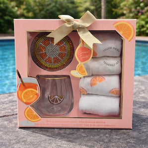 New 6 Set Ladies SOCKS Spritz Kit 3-D Wine Glass CRYSTAL COASTER APEROL SPRITZ