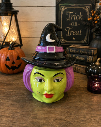 New Halloween Witch Head Green Face Purple Hair Cookie Jar Kitchen