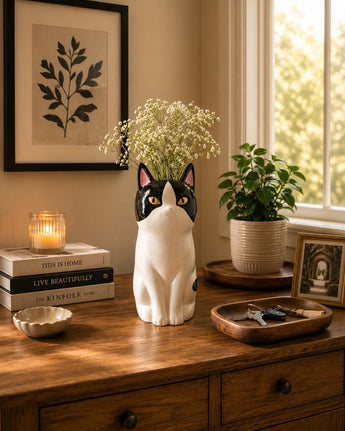 New Black & White Kitty Cat Animal Decorative Flower Table Vase Room Decor