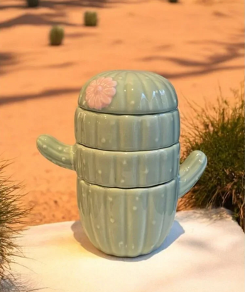 New Cermatic Green & Pink Catus W/ Flower 4 Stackable Kitchen Measuring Cups
