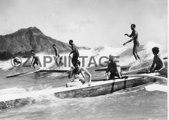 Vintage Black & White 1930s Outrigger Canoe & Surf Riders In Waikiki Photo #2748