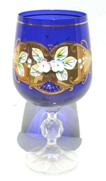Vtg CZECH REPUBLIC BOHEMIA ROCOCO Cobalt BLUE GOLD Flowers Wine / Water Glass