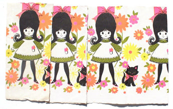 Vtg 1960's 1970's Retro Mod Girl & Cat Paper PICNIC TABLE CLOTH TABLECLOTH