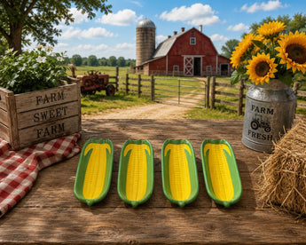 New Set Of 4 Yellow & Green Melamine Corn on the Cobb Dishes BBQ Picnic Party