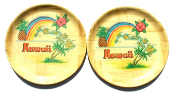 2 Vintage Hawaii Islands Bamboo ROUND Plate Tray W/ Pineapple Rainbow Map