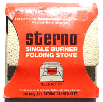 Vtg STERNO Single Burner Folding Stove Stainless Steel Gold Tone Camping 7oz NOS