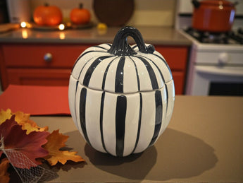 New Halloween Spooky Black & White Stripped Pumpkin Cookie Jar Decorative