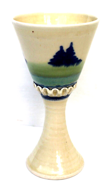 Vintage Signed Glazed Pottery Ceramic Folk Art Wine Goblet Beverage Cup