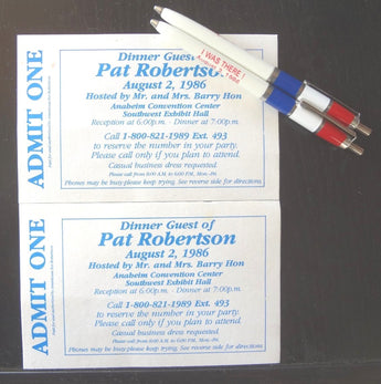 Vintage 1986 PAT ROBERTSON 2 Dinner GUEST Tickets With 2 "I was There" PENS