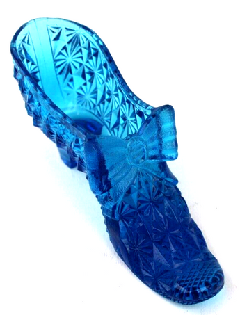 Vintage FENTON Glass BLUE Bow Tie Button SHOE High Heel Bootie Slipper Trinket