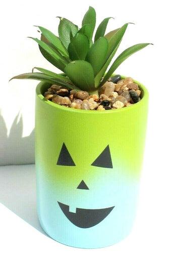NEW Green / Blue Happy Halloween Pumpkin Ceramic Planter Plot W/ Succulents