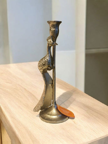 New Gold Retro MCM Boho Jungle Metal Peacock On Perch Candle Holder Stand Decor