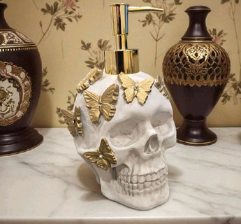 New White Skull W/ Gold Butterflies Halloween Soap Dispenser Spooky Decoration