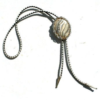Vtg Gemstone (Agate Stone Geode Crystal) Cowboy Western Bolo Tie Rodeo #10