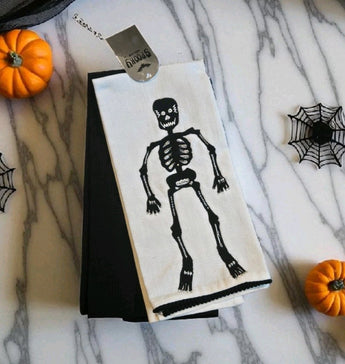 New 2 Pack Black & White Halloween Skeltons Sequins Kitchen Towel Spooky