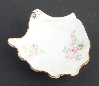 Vtg Oakley China Ltd Footed Sea Shell Trinket Dish Pink Flowers w/ Gold Trim