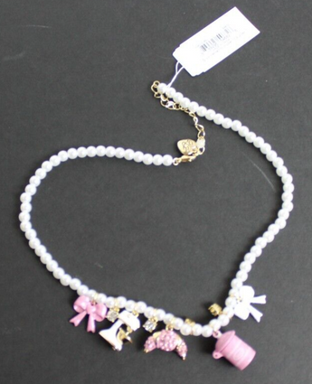 New Betsey Johnson "Baby Cakes" Pearl Charm Bow Girly Bakery Sparkle Necklace