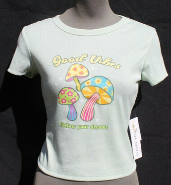New Women's Mushrooms Good Vibes Hippie Retro Crop Top Emo Girl Indie Core