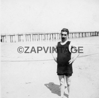 Vintage 1906 Man In Bathing Suit In Long Beach Fishing Pier CA Photo #1832