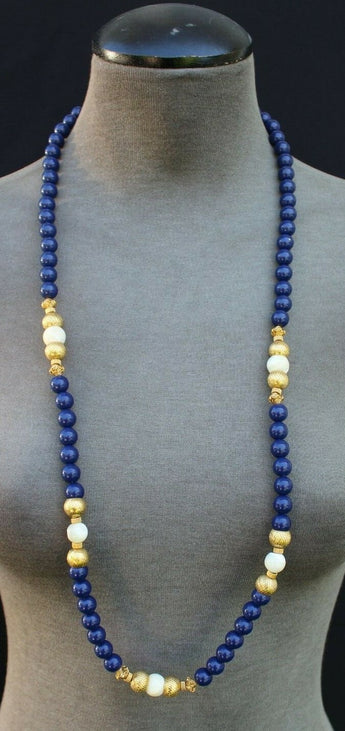 Vintage 1920s Gatsby Gold & Blue Beaded Long Cocktail Costume Necklace